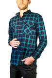 Mens 100% Cotton Flannelette Shirt Long Sleeve Check Authentic Flannel - Green/Navy - 8XL