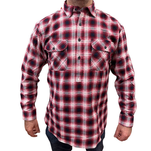 Mens Flannelette Long Sleeve Pullover Shirt 100% Cotton Flannel - Half Placket - Red/Black - XL