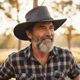 Jacaru Boundary Rider Bovine Cow Leather Hat Chinstrap Side Snaps - Brown In Australia - Darrahopens