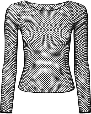 LONG SLEEVE FISHNET TOP Blouse T Shirt Tee Costume Party See Through - Black