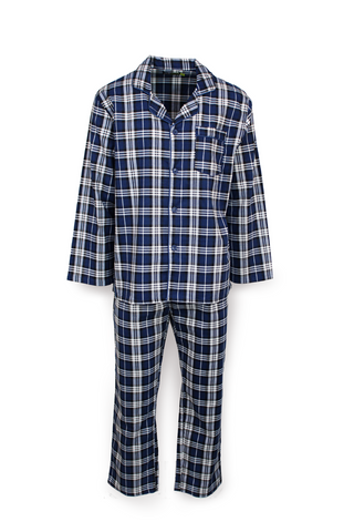 Mens Flannelette Pyjama Set Sleepwear Soft 100% Cotton PJs - Blue Check - L
