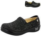 ALEGRIA Keli Nursing Shoes Slip On Womens Work Working Hospitality - Black Embossed Paisley