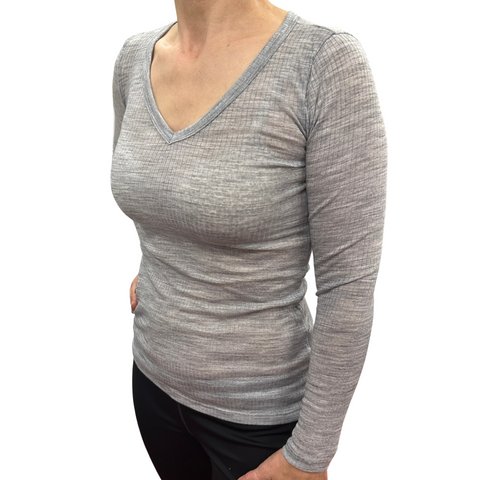 Merino Skins Verona Womens V-Neck Long Sleeve Thermal Underwear Soft Grey Marle In Australia - Darrahopens
