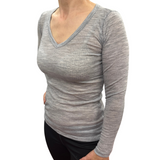 Merino Skins Verona Womens V-Neck Long Sleeve Thermal Underwear Soft Grey Marle In Australia - Darrahopens