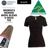 MERINO SKINS Ladies Verona V-Neck Tee Thermal Top Wool Blend - Black In Australia - Darrahopens