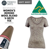 MERINO SKINS Womens Verona V-Neck Tee Thermal Top Wool Blend - Soft Grey In Australia - Darrahopens