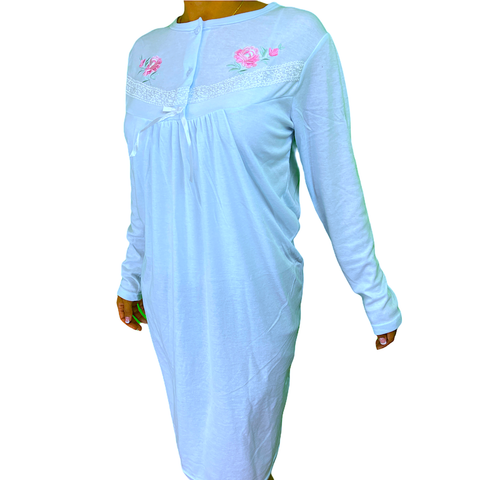 Womens Ladies Cotton Nightie Night Gown Pajamas Pyjamas Sleepwear PJ - Blue - 16