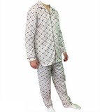 Mens Cotton Pajamas Pyjamas PJs Long Sleeve Shirt Tops + Pants Set Sleepwear - White/Brown - S