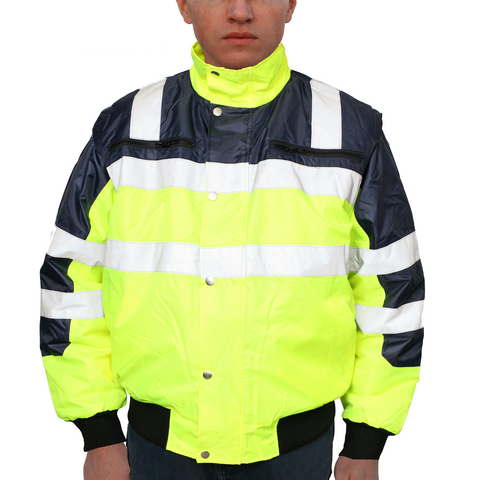 3-in-1 Hi Vis Quilted Safety Bomber Jacket Waterproof Reflective Workwear - Yellow/Navy - L