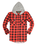 Mens Cotton Flannelette Shirt w Jersey Hood Long Sleeve Flannel - Red/Black - 4XL