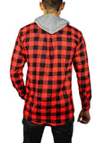 Mens Cotton Flannelette Shirt w Jersey Hood Long Sleeve Flannel - Red/Black - M