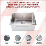 600x450mm Handmade 1.5mm 16 Gauge Stainless Steel Kitchen Laundry Sink with Waste