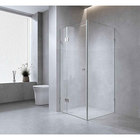 120x100cm Corner Frameless Shower Screen with Nickel U-Brackets and Floor U-Bracket and Brass Hinges, Round Knob Handle In Australia - Darrahopens