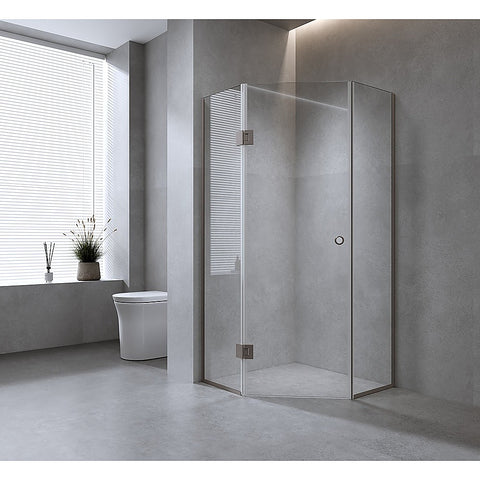 90cm Frameless Diamond Shower Screen with Nickel Channels and Brass Hinges & Rou