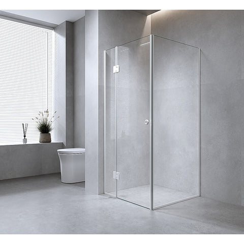 90x80cm Corner Frameless Shower Screen with White Channel and SS Hinges, Round Handle
