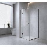 110x110cm Corner Frameless Shower Screen with Black Channel and Brass Hinges, Round Handle