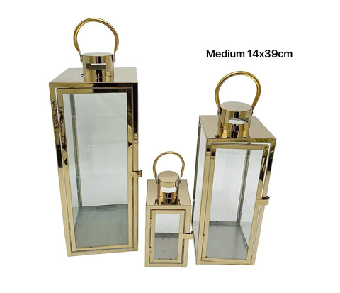 Bulk 6 Medium Polish Gold Metal & Glass Lantern 14x39cmh In Australia - Darrahopens