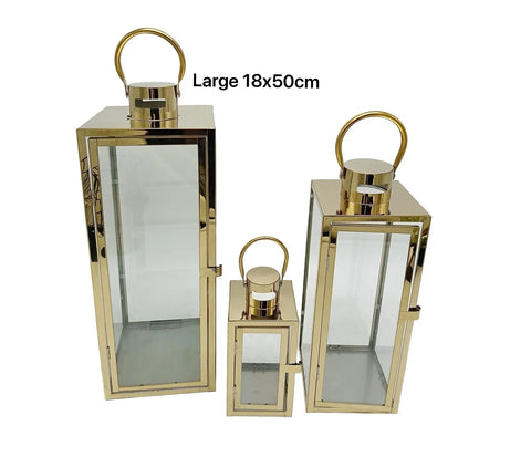 Bulk 4 Large Polish Gold Metal & Glass Lantern 18x50cmh In Australia - Darrahopens