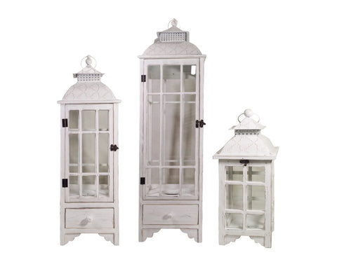Tall Wooden Window Lantern W Draws White s/3 32x32x120cm In Australia - Darrahopens
