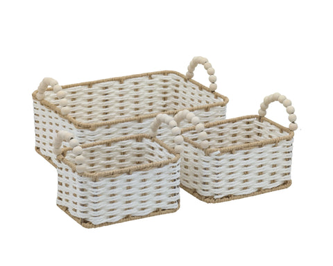 Bulk 4 Natural & White Paper Rope Basket W Bead Handle 32x23x12/18h In Australia - Darrahopens