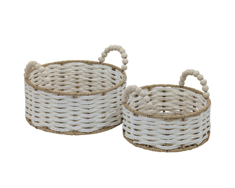 Bulk 6 Natural & White Paper Rope Basket W Bead Handle d25xh11/17cm In Australia - Darrahopens