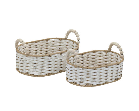 Bulk 6 Natural & White Paper Rope Basket W Bead Handle 30x20x10/16h In Australia - Darrahopens