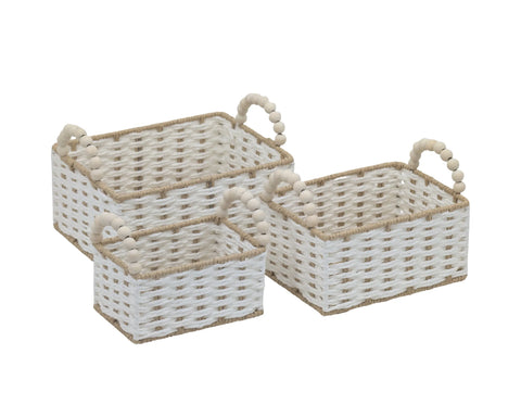 Bulk 6 Natural & White Paper Rope Basket W Bead Handle 26x20x12/18h In Australia - Darrahopens