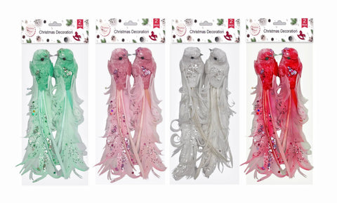 Bulk 24 Xmas Feather & Sequins Bird W Clip pk2 17x3.5x4cm 4 Asst In Australia - Darrahopens