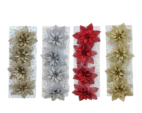 Bulk 24 Xmas Glitter Poinsettia W Clip pk4 14cm 4 Asst In Australia - Darrahopens