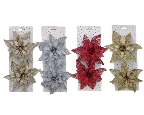 Bulk 24 Xmas Glitter Poinsettia W Clip pk2 18cm 4 Asst In Australia - Darrahopens