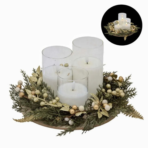 Bulk 4 Xmas Led Candle Set Green&gold Wreath On Tray 26x26x15cm In Australia - Darrahopens