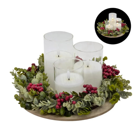 Bulk 4 Xmas Led Candle Set Green&red Wreath On Tray 26x26x15cm In Australia - Darrahopens