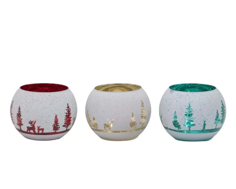 Bulk 12 Xmas Snowy Forest Glass Candle Holder 15x11cm 3 Asst In Australia - Darrahopens
