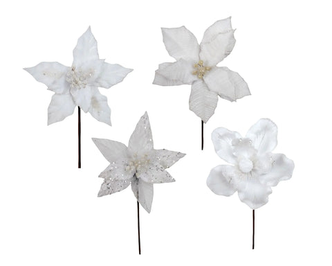 Bulk 36 Xmas White Poinsettia Pick d14-20x20cm 4 Asst In Australia - Darrahopens