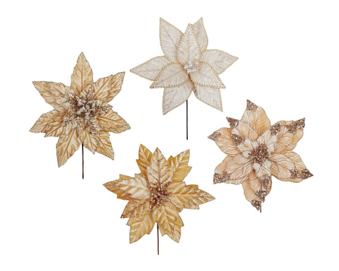 Bulk 36 Xmas Champagne Poinsettia Pick d27-30x30cm 4 Asst In Australia - Darrahopens
