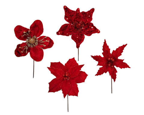 Bulk 36 Xmas Red Poinsettia Pick d14-23x20cm 4 Asst In Australia - Darrahopens