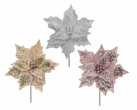 Bulk 24 Xmas Velvet Glitter Poinsettia 30x30cm 3 Asst In Australia - Darrahopens