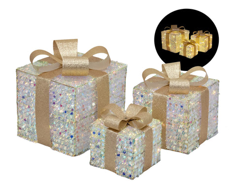 Bulk 2 Xmas Led Iridescent Tinsel Gift Box s/3 25cm 25led In Australia - Darrahopens