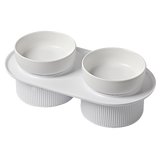 Ribbed Ceramic Double Pet Bowl 3pc Set - White