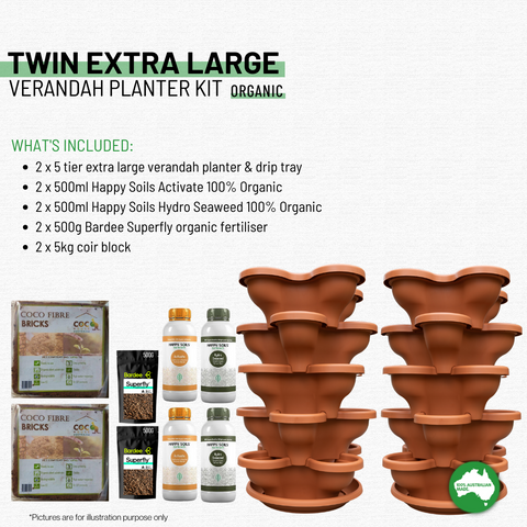 Twin 5 Tier Extra Large Verandah Planter Garden Kit (Inc Coir, A & B Nutrient and Bardee Superfly Organic Booster)  - Charcoal