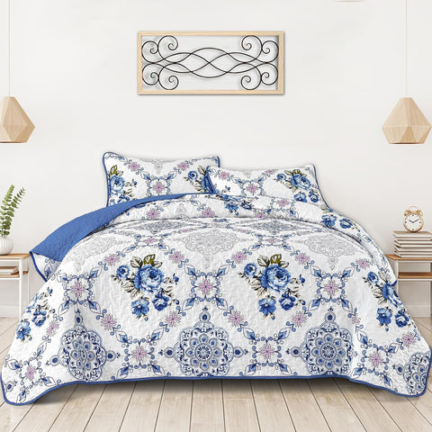 Rich white blue Elegant 3 Pc Bedspread & Pillow Cover Set
