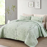 Chic green Floral Quilted 3 Pc Bedspread & Pillow Cover Set