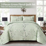 Chic green Floral Quilted 3 Pc Bedspread & Pillow Cover Set