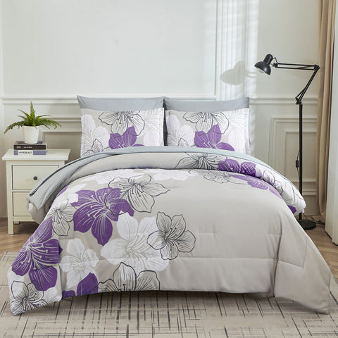 Floral Comforter Set, Queen/King Size, Purple Floral 3-Piece Bedding, Lightweight Microfiber