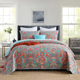 100% Cotton Aqua Coral Paisley Bloom Coverlet Bedspread Set