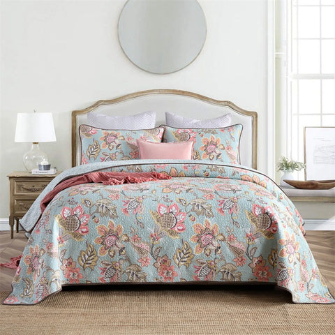 100% Cotton Blush Aqua Rosehaven Coverlet Bedspread Set