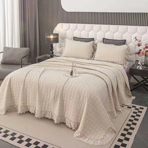 100% Cotton Embossed Cream Fringe Luxe Coverlet Bedspread Set