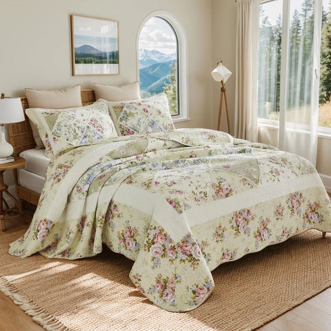 100% Cotton Ivory Cottage Rose Coverlet Bedspread Set
