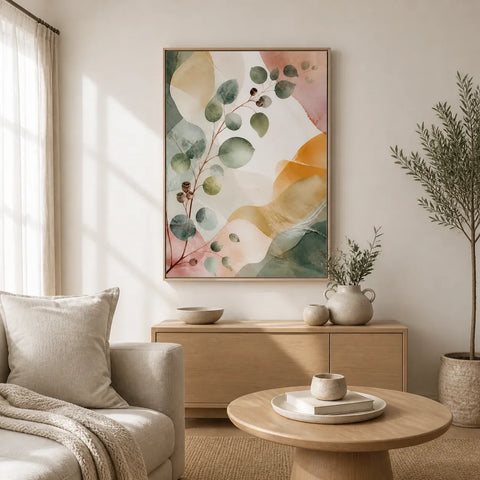 Eucalyptus Reverie Floating Frame Canvas Wall Art - Portrait - 60W x 80H cm - Natural Birch