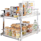 2 Tier Pull Out Cabinet Organizer 14"x21"x15" Heavy Duty Slide Out Pantry Shelves Steel Roll Out Drawers Sliding Storage Rack Silver